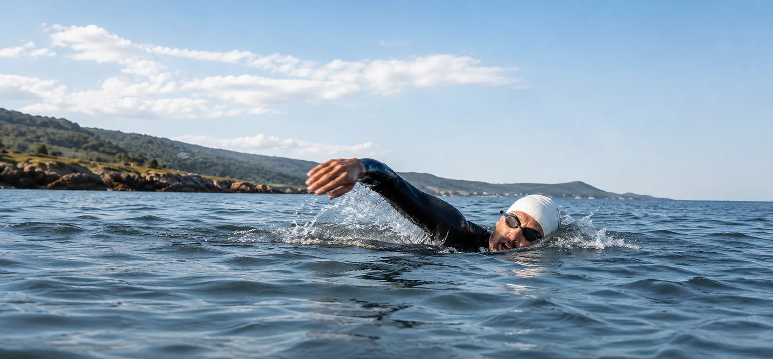 Open water swimmer training in a lake