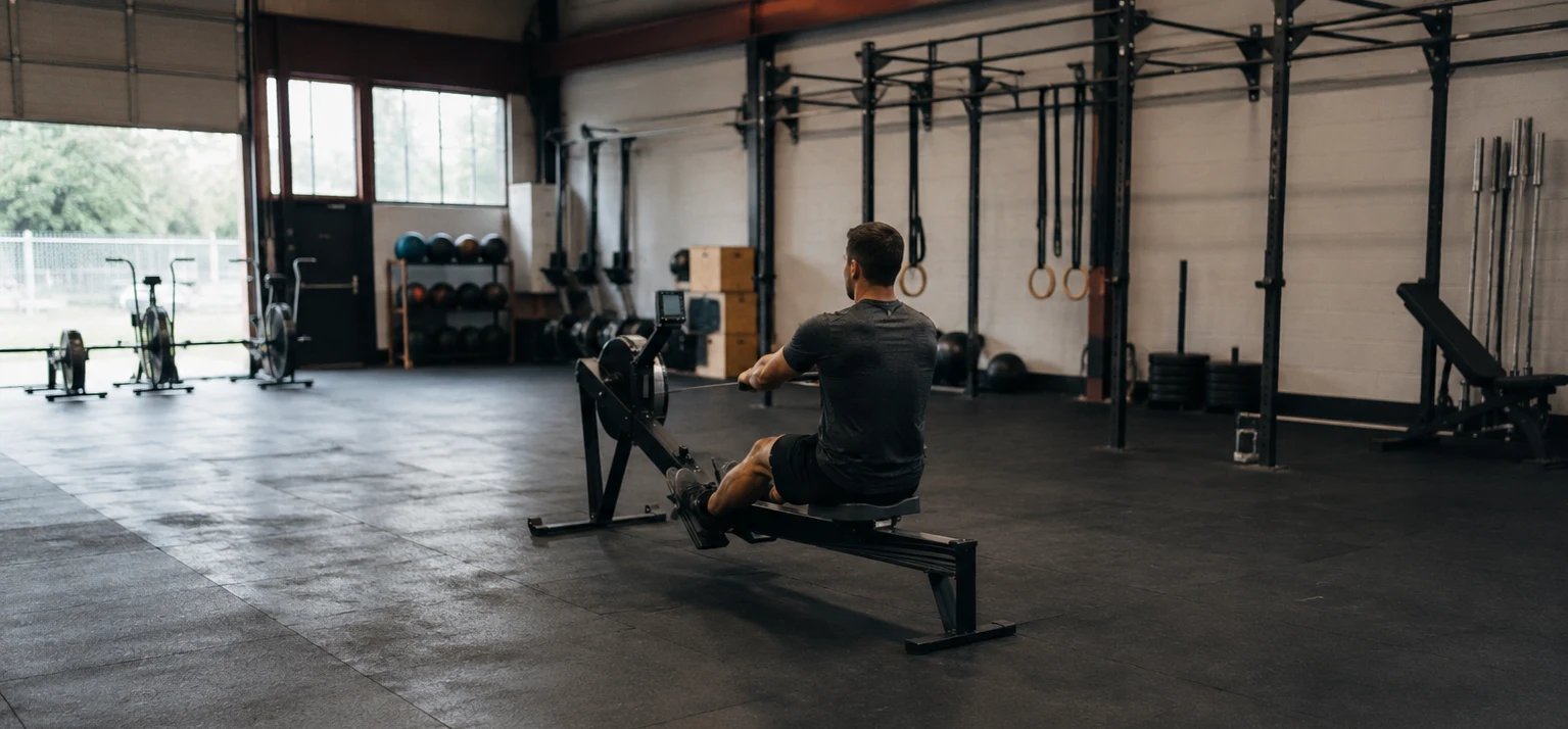 Louis Tucker training on a rowing machine